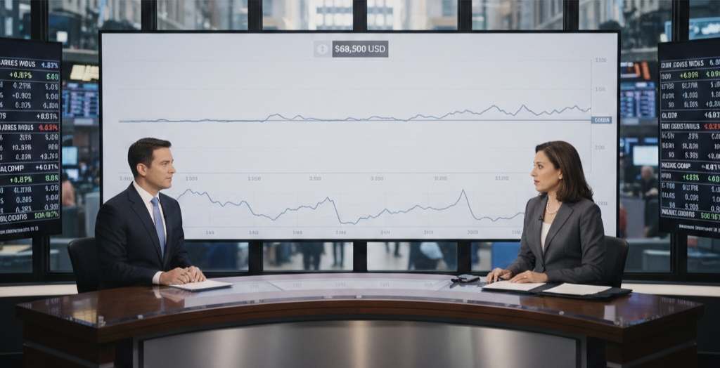 Bitcoin price chart displayed on a US financial news desk during calm market trading