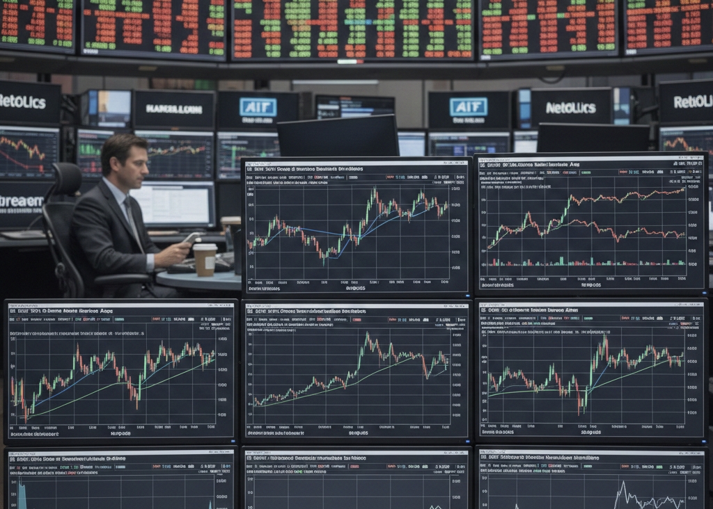 US stock market today showing Dow Jones and Nasdaq trading mixed on Wall Street screens